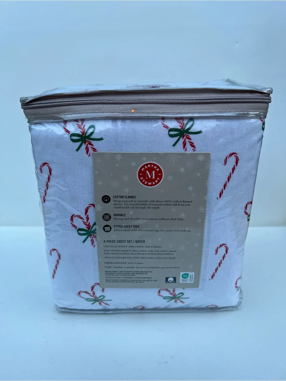 Martha Stewart Candy Cane Print Flannel Sheet Set - White, Red, Green
